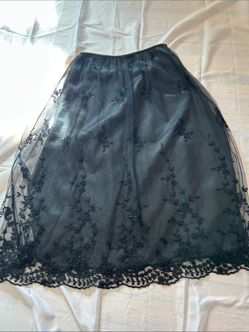 Black Embroidered A-Line Tulle Midi Skirt - Women